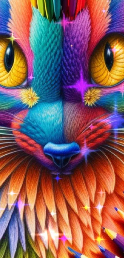 Colorful cat artwork with vibrant pencils and textures.