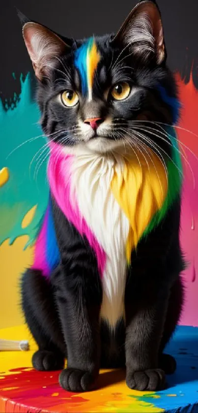 Colorful cat with bold splashes of paint on a vibrant background.