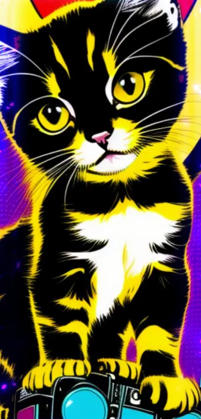 Vibrant cat art with bold colors in digital style.