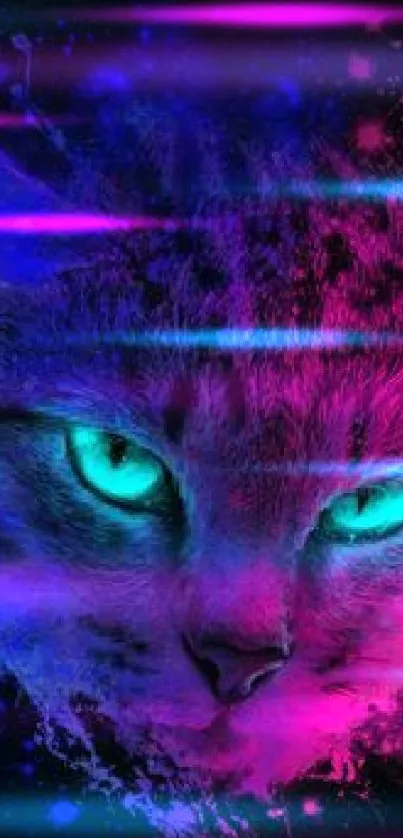 Vibrant neon cat face with colorful splash art.