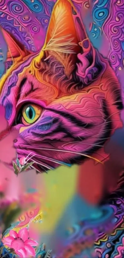 Colorful psychedelic cat art wallpaper with vibrant floral accents.