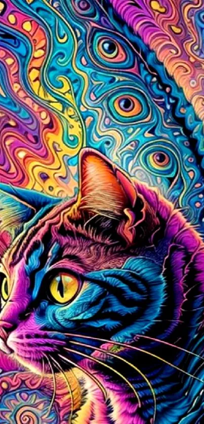 Colorful psychedelic cat art wallpaper with vibrant patterns.