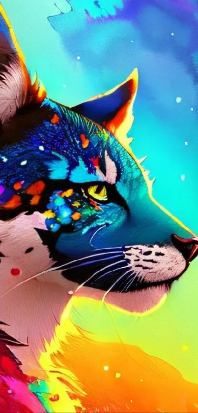 Vibrant artistic cat design with blue hues and vivid colors.