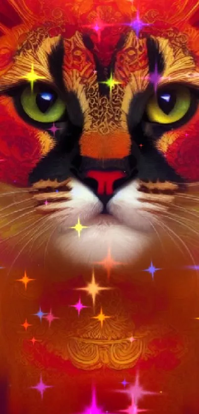 Vibrant orange-red cat art wallpaper with intricate design.