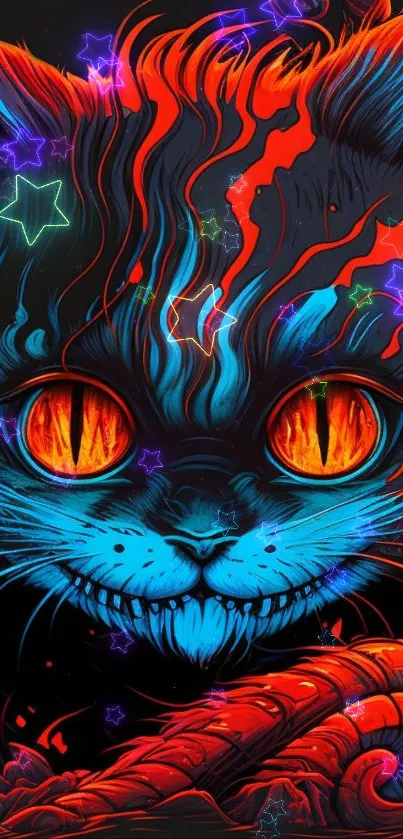 Vibrant fantasy cat art with fiery colors and intricate details.