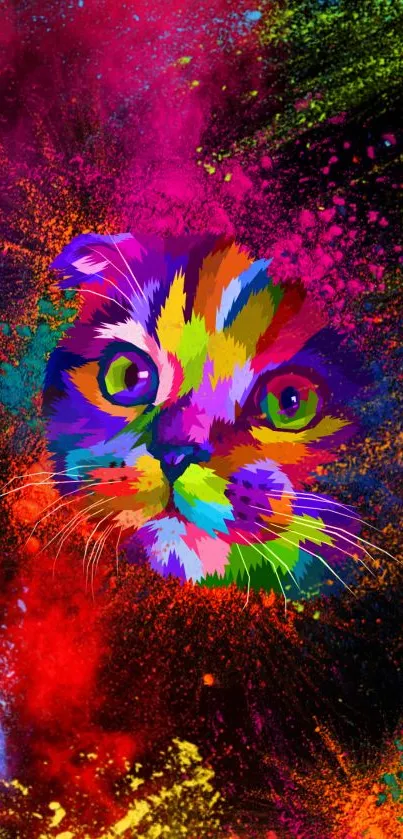 Colorful cat art with vibrant paint splashes.