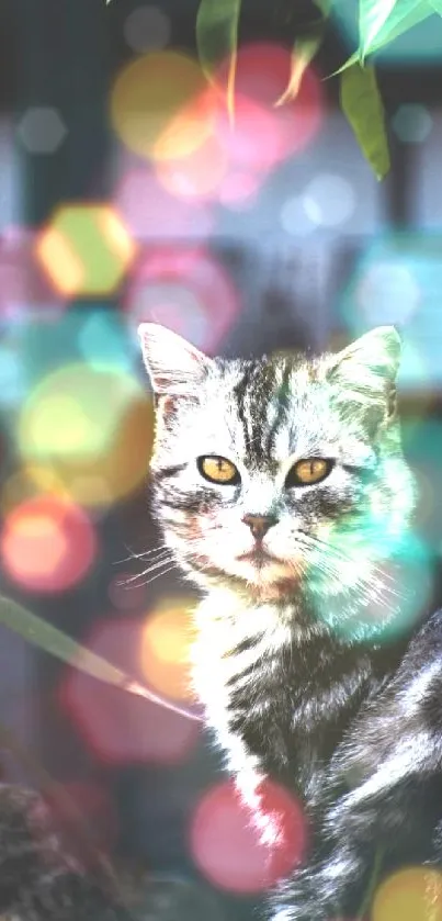 Cat with bokeh light effects in nature-themed wallpaper.