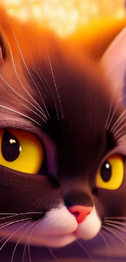 Close-up of a cat with vibrant yellow eyes and an orange glowing background.