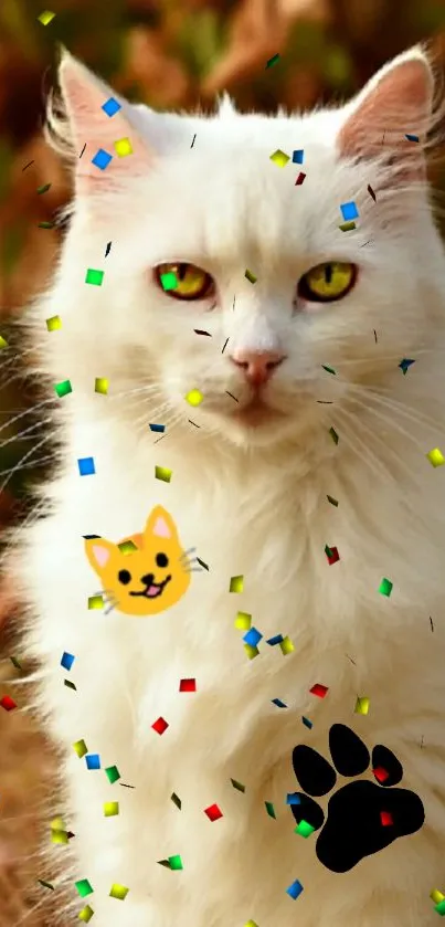 A white cat with colorful confetti on mobile wallpaper.