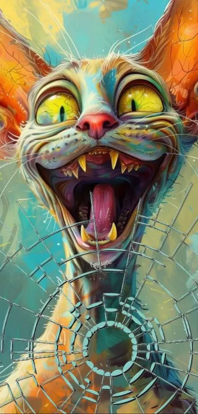 Vibrant digital cat art with shattered glass effect.