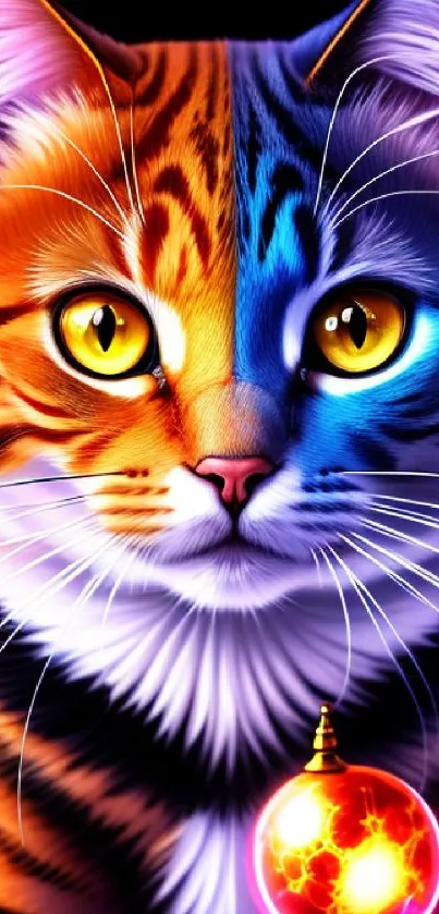 A vibrant digital art of a cat with fiery eyes and a dark background.