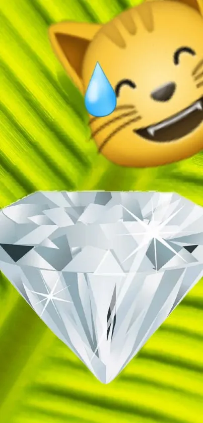 Cat emoji with diamond on green background