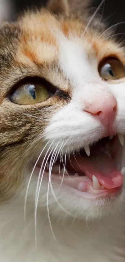Close-up of a playful cat showing its lively expression in a wallpaper.