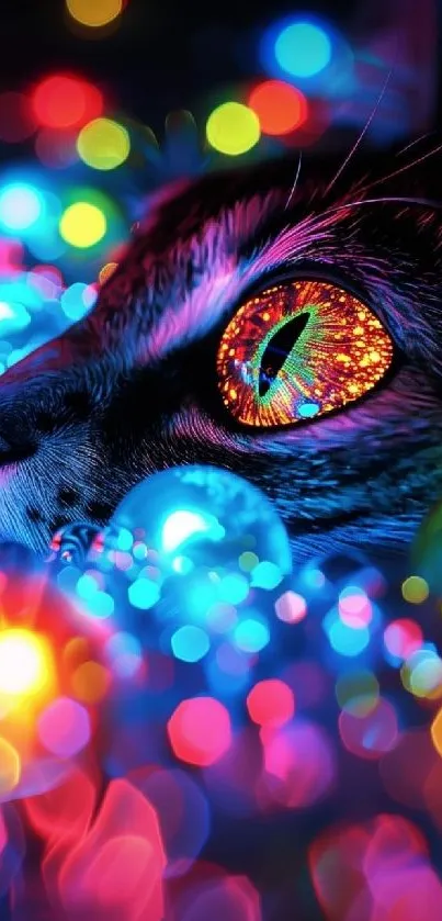 Close-up of a vibrant cat eye surrounded by colorful bokeh lights.