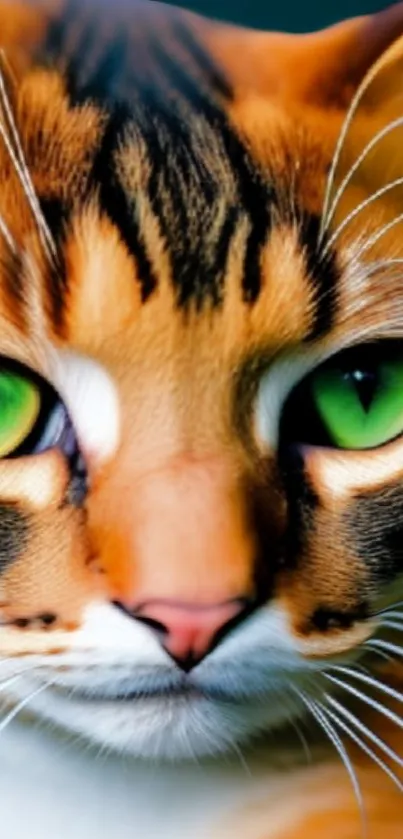 Vibrant cat face with striking green eyes up close.