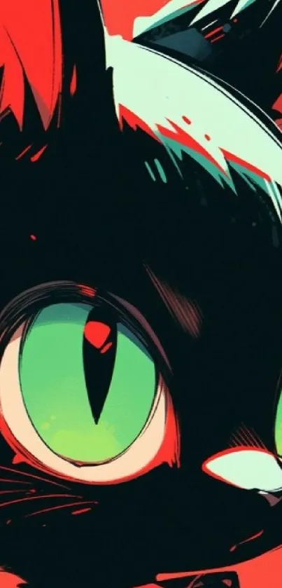 Anime style cat with green eyes and red accents wallpaper.