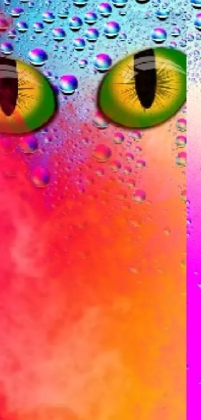 Vibrant wallpaper with cat eyes and colorful water droplets.
