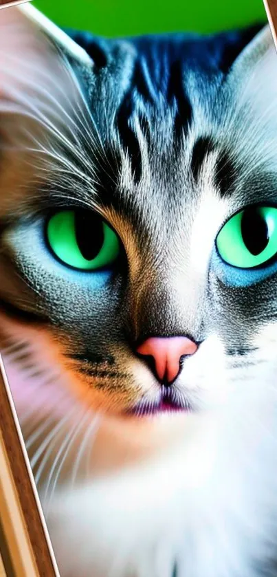 Close-up of cat with green eyes on mobile wallpaper.