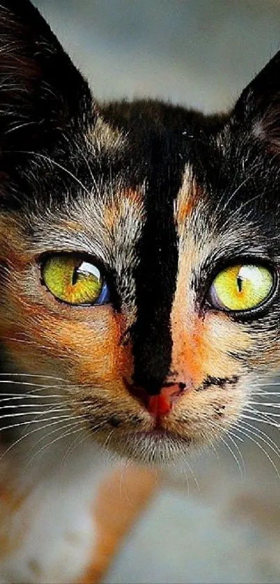 Close-up of a cat with vibrant yellow eyes and unique facial pattern.