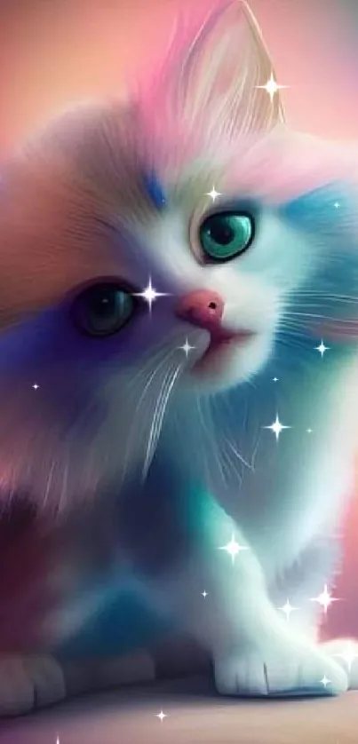 Vibrant fantasy art of a colorful cat on a dreamy background.