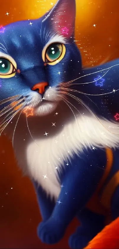 Vibrant blue and orange cat with green eyes in a fantasy-style design.