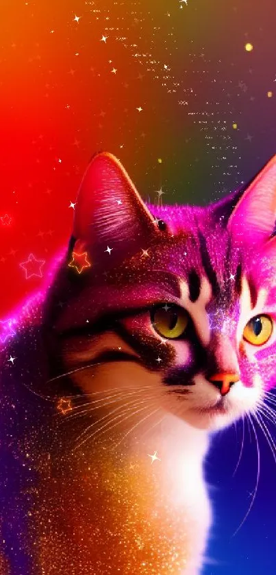 Colorful fantasy cat wallpaper with a vibrant background.