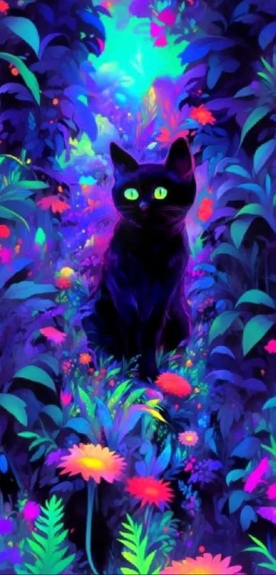 Black cat in vibrant neon jungle with glowing foliage.