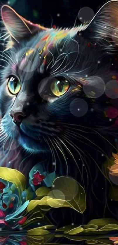 Beautiful cat with colorful flowers in a fantasy-themed mobile wallpaper.