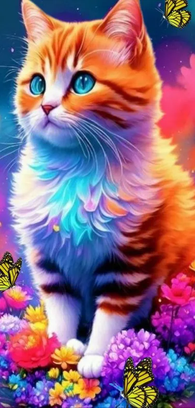 Vibrant artistic cat with colorful flowers.