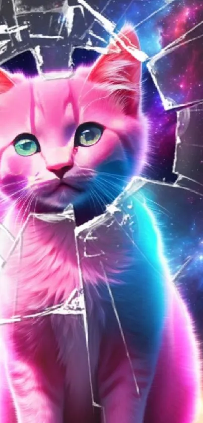 Neon pink cat with shattered glass in a cosmic galaxy setting.