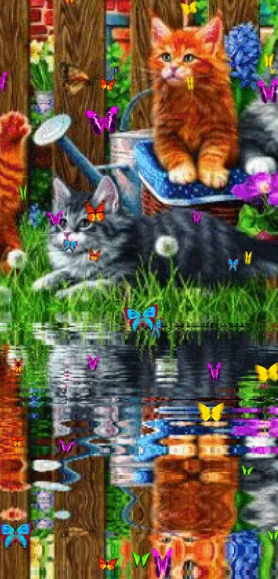 Playful cats in a colorful garden with reflections in water.