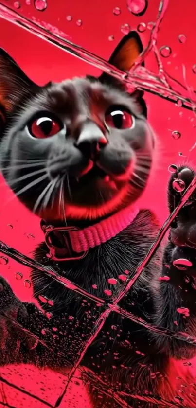 A playful cat with a red background and glass effect.