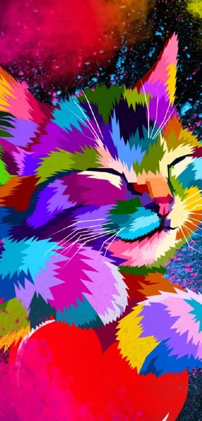 Colorful cat cuddling heart in vibrant wallpaper.