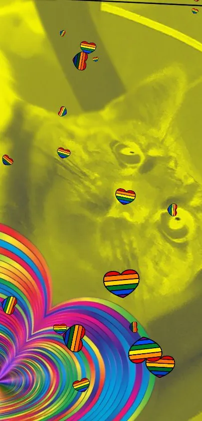 Vibrant yellow cat with colorful heart patterns on a mobile wallpaper.