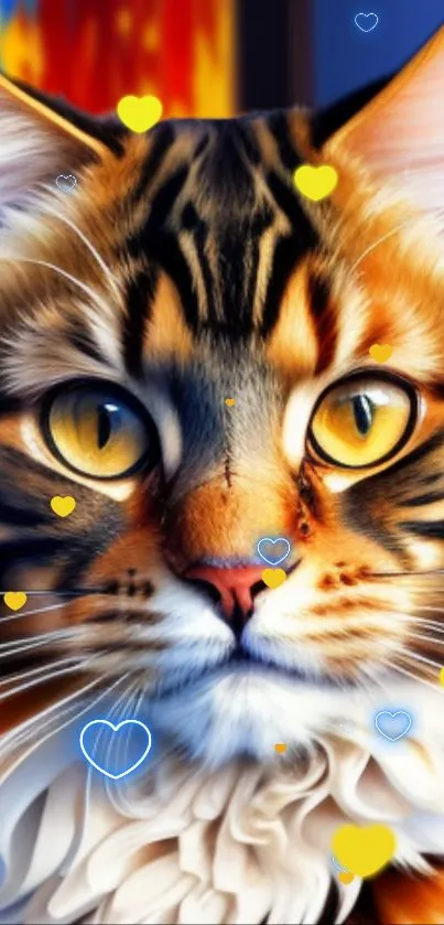 Colorful cat face with heart shapes on a vibrant mobile wallpaper.