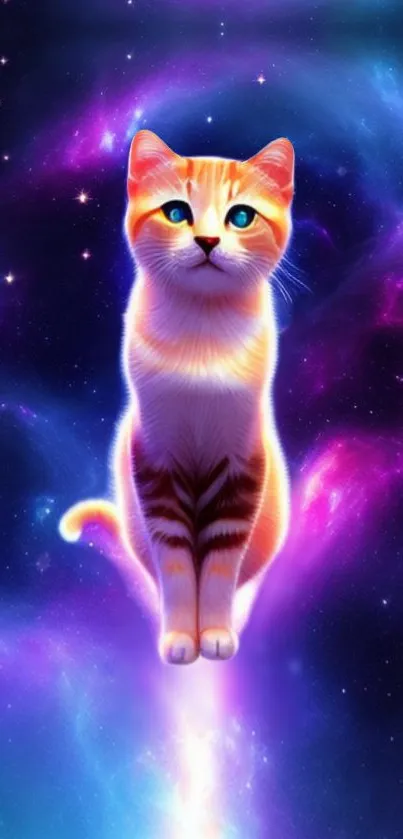 Vibrant cat floating in a cosmic space background wallpaper.