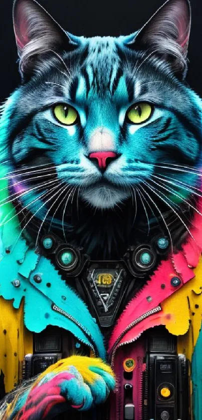 A colorful cyberpunk cat with vibrant splashes on a dark background.