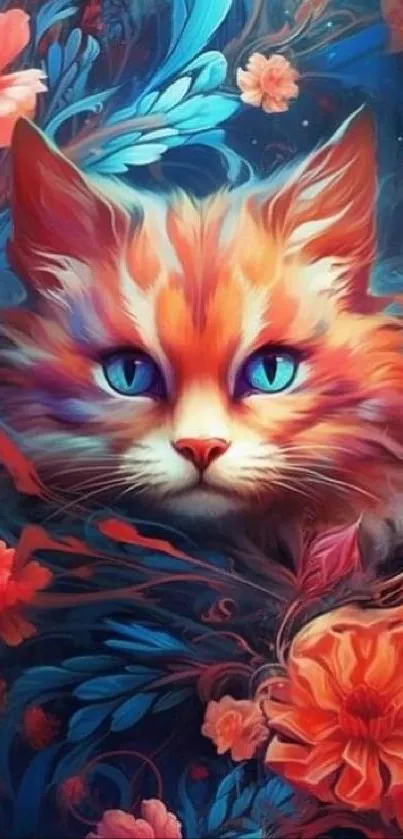 Vibrant cat in floral artwork for mobile wallpaper.