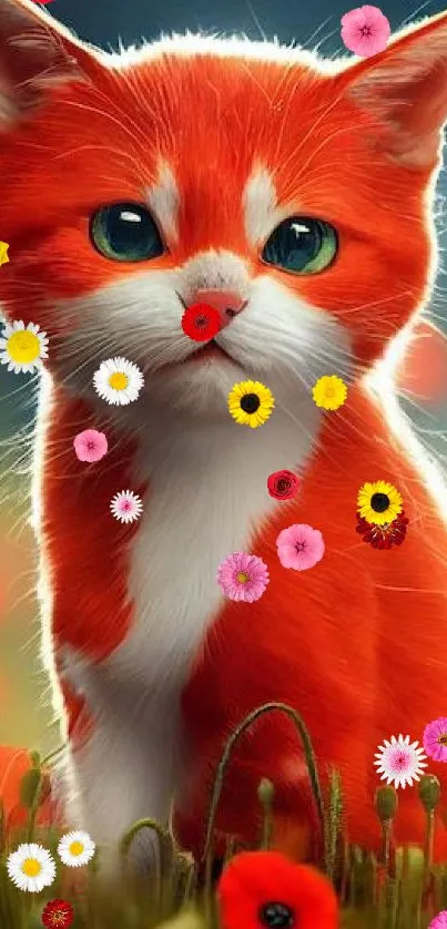 Orange cat in a vibrant flower field with colorful poppies.