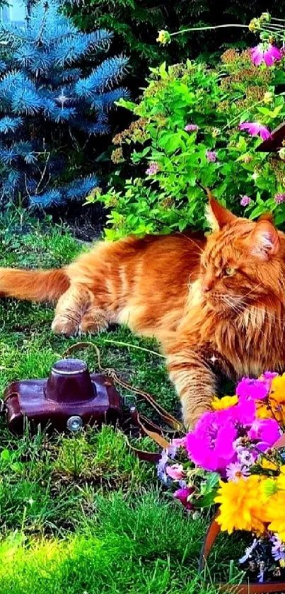 Orange cat lounging in a colorful garden with vibrant flowers.