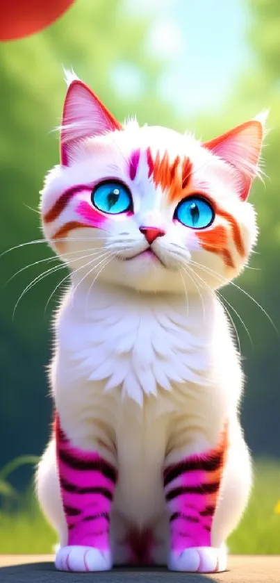 Colorful cat with blue eyes in a vibrant nature setting.