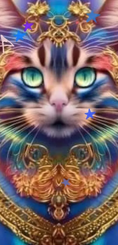 Vibrantly colorful cat with regal golden details as mobile wallpaper.