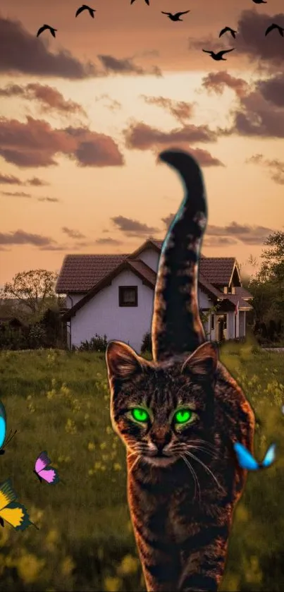 Cat with green eyes walks through a sunset field with butterflies.