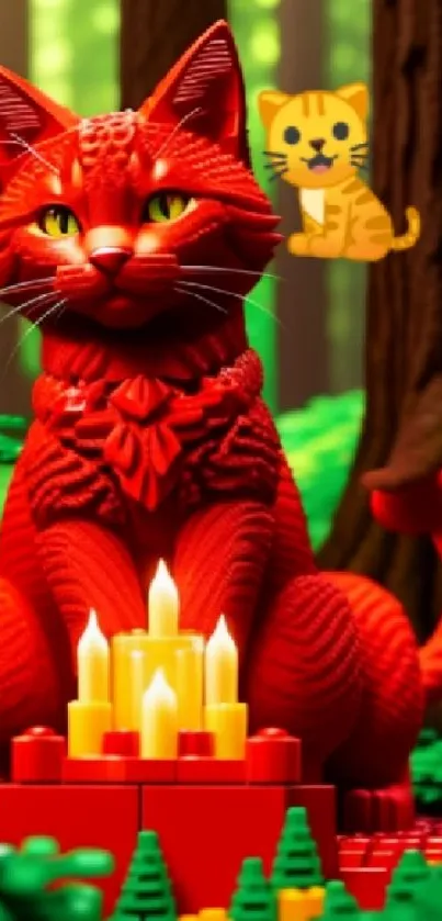 Red LEGO cat with candles in a forest scene.