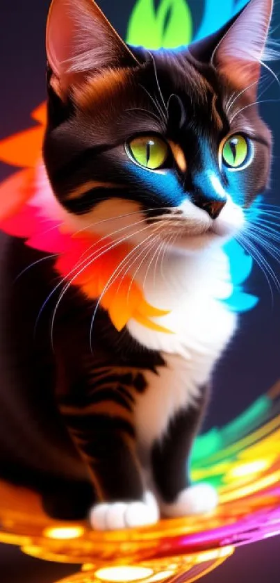 Black cat with colorful neon feathers and green eyes in vibrant mobile wallpaper.