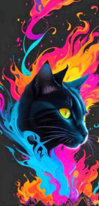 Vibrant neon cat with colorful flames wallpaper.