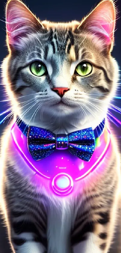 Cute cat in neon light with colorful bow tie, ideal for mobile wallpaper.