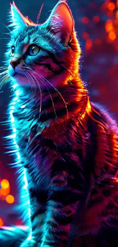 Neon-lit cat with vibrant colors in a dramatic pose.