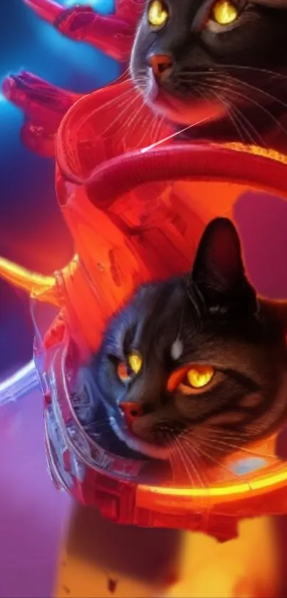 Futuristic neon cat wallpaper with glowing colors and vibrant design.