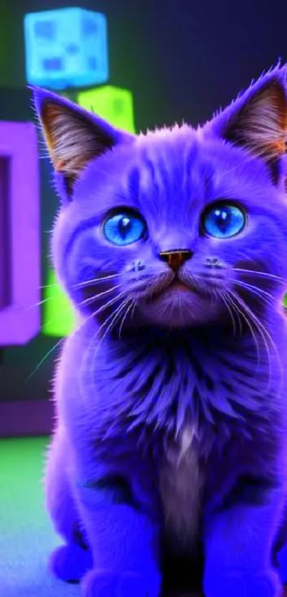 Purple neon cat with blue eyes in colorful digital art backdrop.